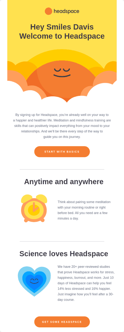 E-mail de boas-vindas do Headspace