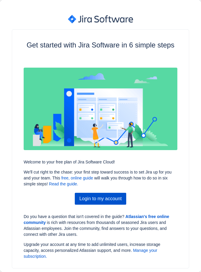 E-mail de boas-vindas do software Jira