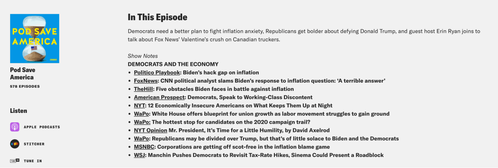 Nota sullo spettacolo del podcast di Pod Save America