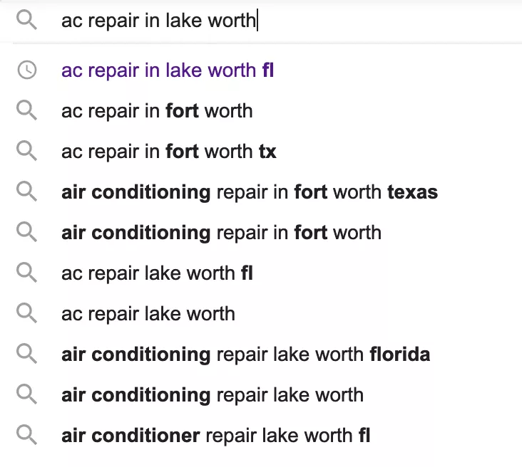 keyword reseach for HVAC marketing using Google autosuggest