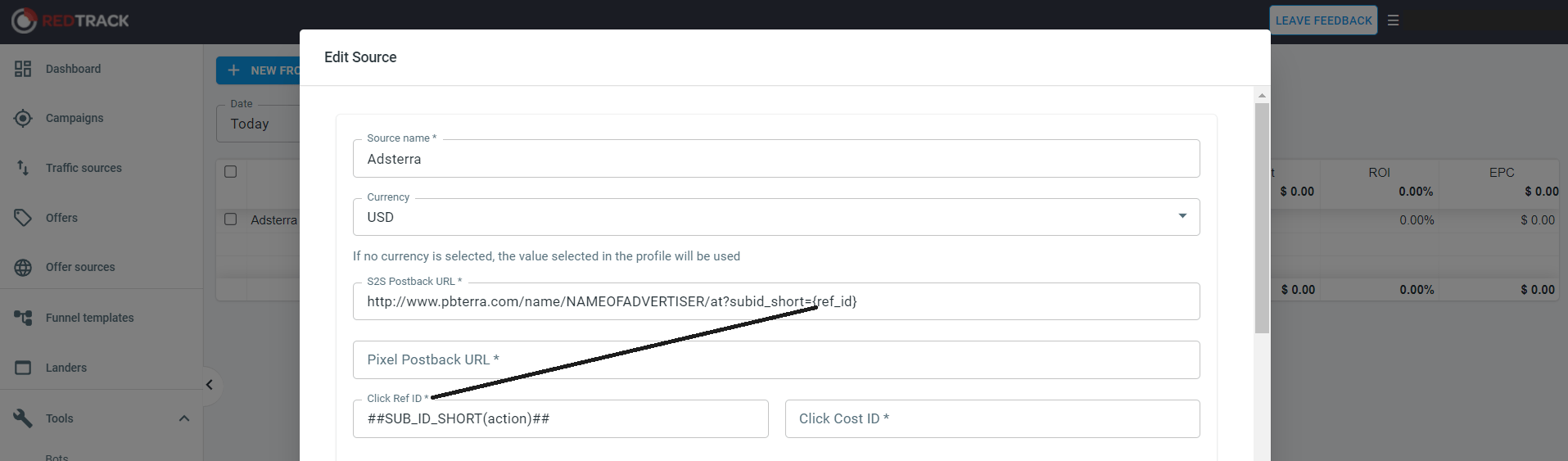 Exemple de jetons mis en correspondance entre Redtrack et Adsterra