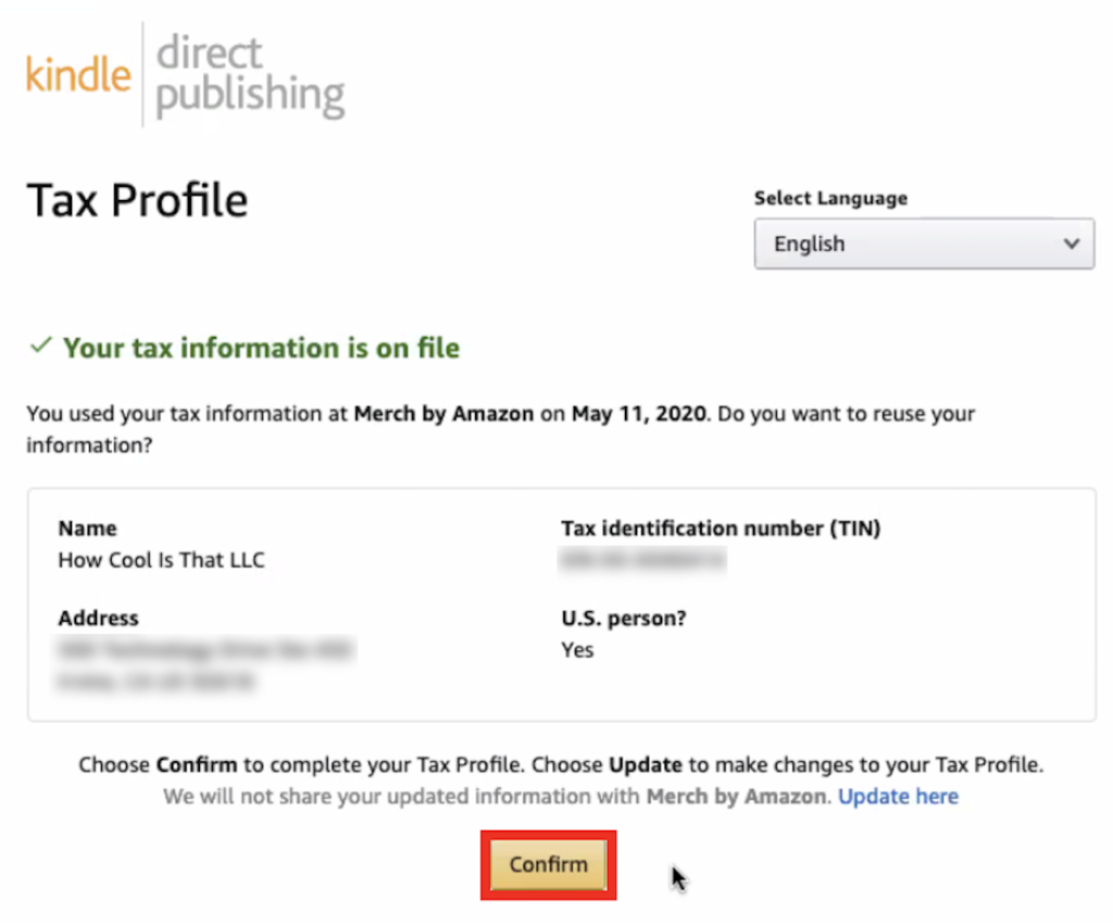Affichage de votre profil fiscal dans Kindle Direct Publishing