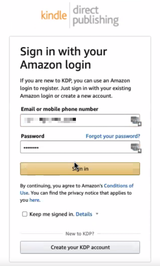 Вид входа в систему прямой самостоятельной публикации Kindle