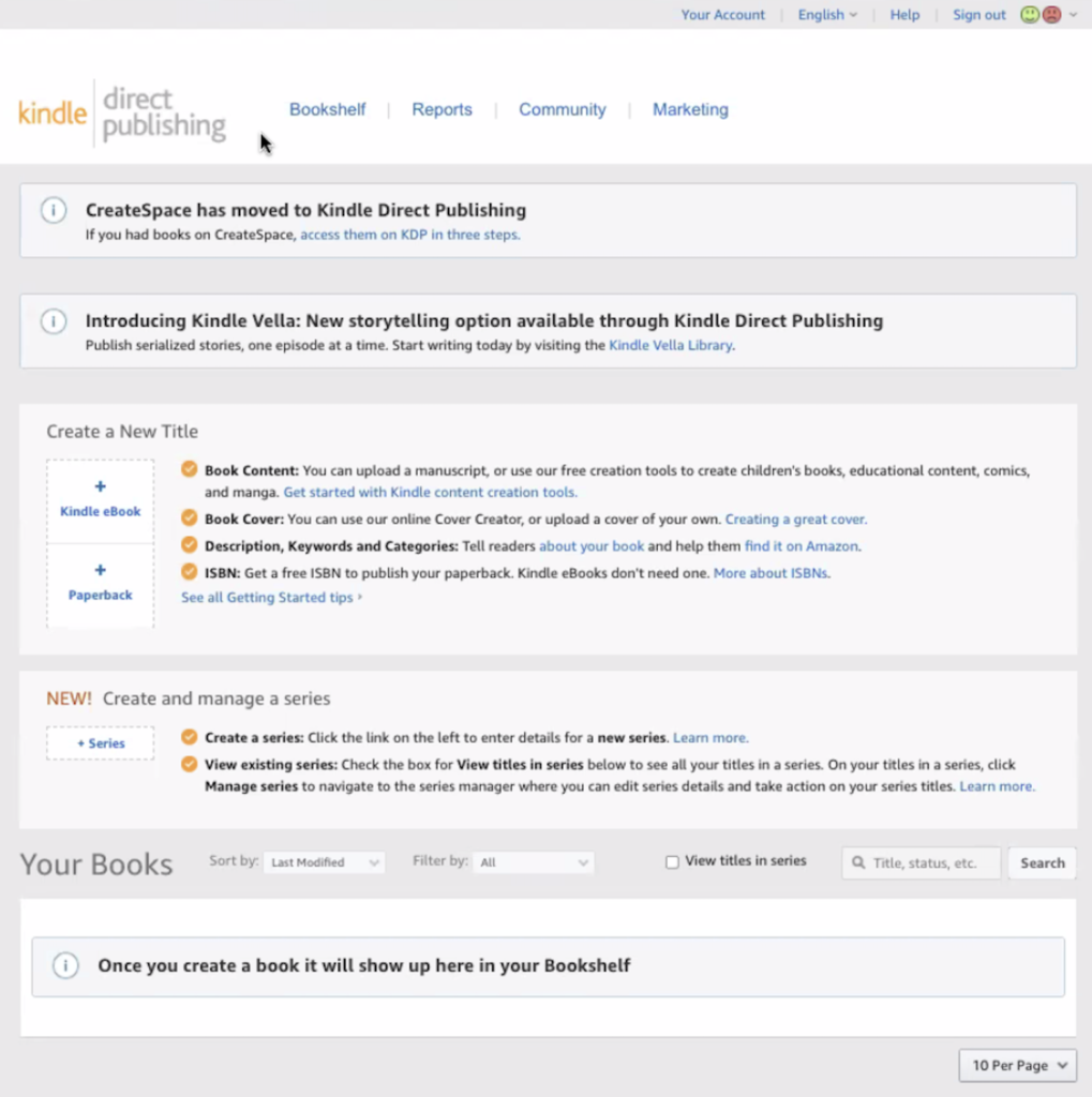 Visualizzazione della dashboard di CreateSpace in Kindle Direct Publishing