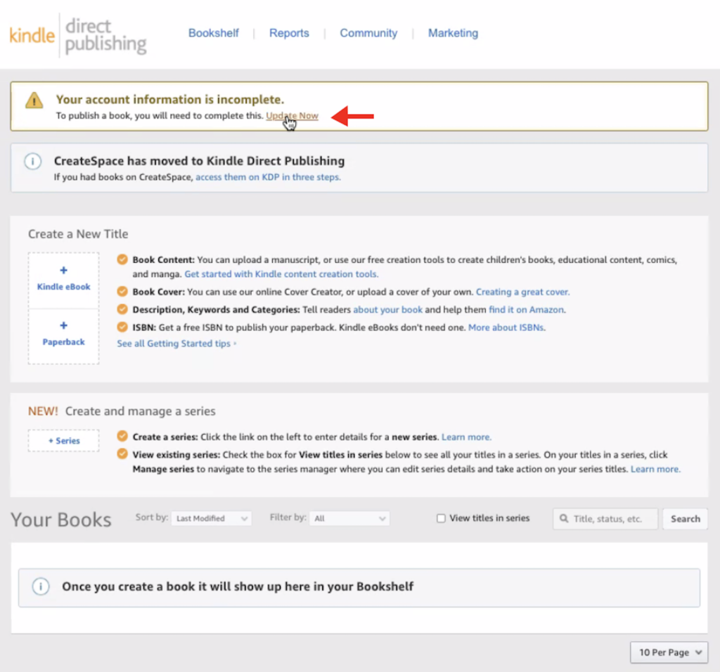 Kindle Direct Publishing CreateSpace Botón Actualizar ahora