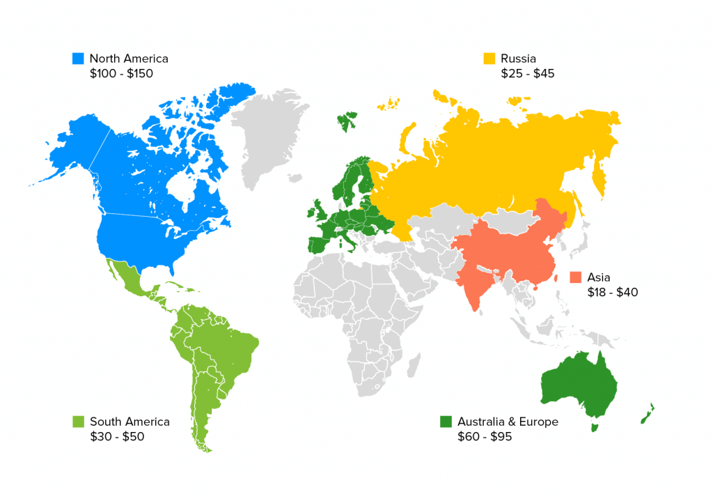 Map showcasing geography wise per hour development cost