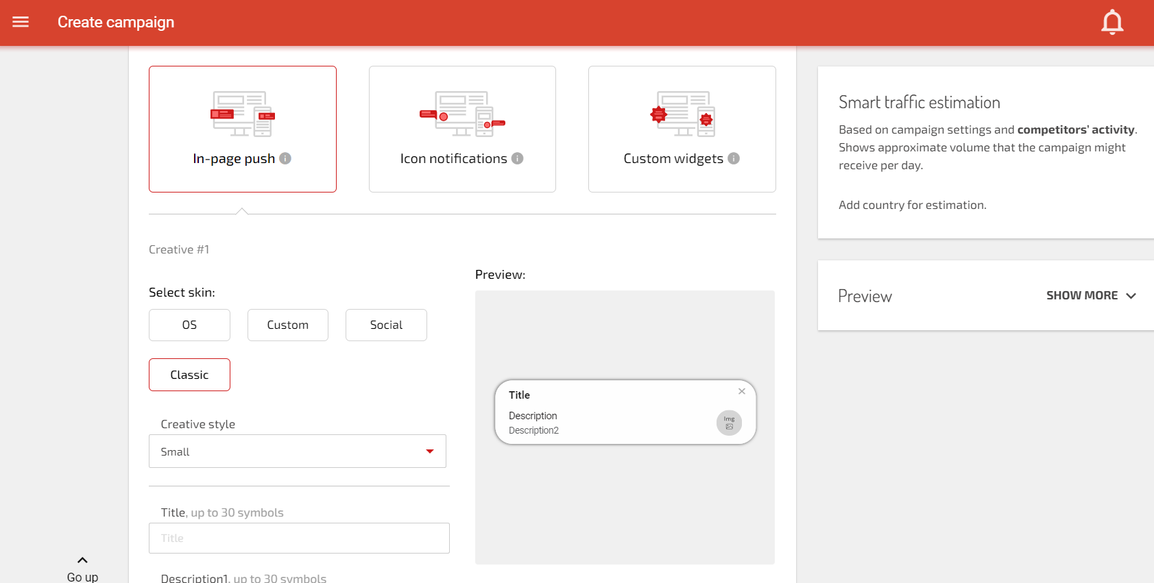 Modello push in-page classico per offerte software