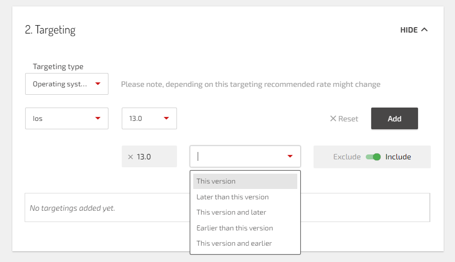 une capture d'écran avec des options pour le ciblage de la version du système d'exploitation