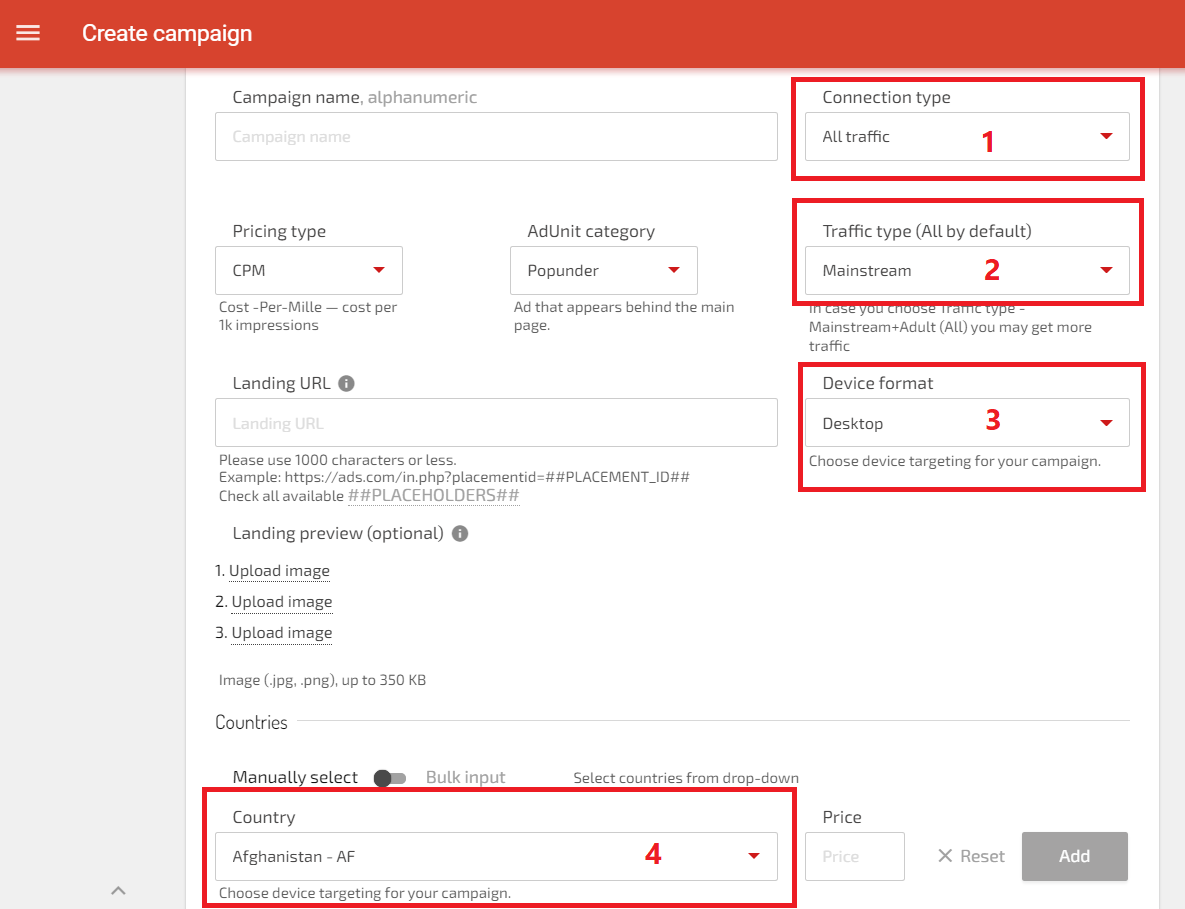 Una captura de pantalla con la configuración básica de segmentación de Adsterra