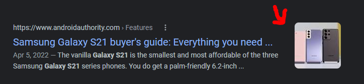 複数の色の携帯電話の写真を含むGalaxyS21のGoogle検索のリッチスニペット