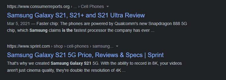 リッチスニペットを含まないSamsungGalaxyS21のGoogle検索結果のスクリーンショット。結果には、リンクと切り捨てられたメタの説明が表示されます
