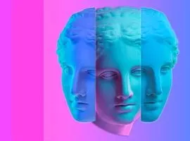 Un busto de la Antigua Grecia está seccionado en tres partes sobre un fondo rayado de rosas y violetas. La cara multifacética representa la forma en que la información adicional sobre los clientes a través de los datos permite mejorar la CX.