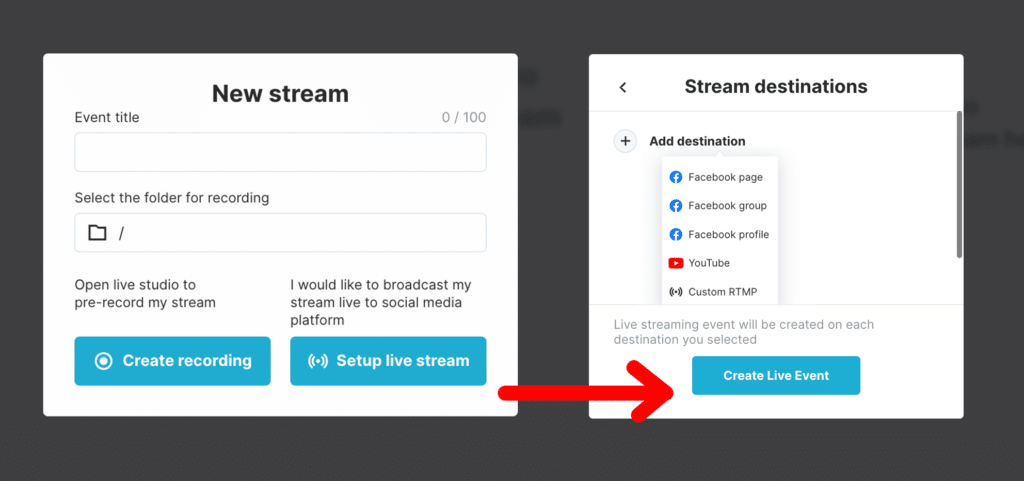 étapes 1 et 2 pour configurer la diffusion en direct