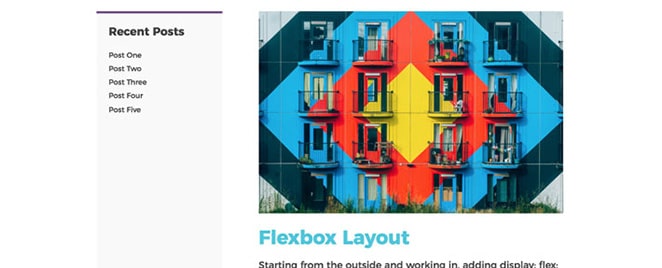 เลย์เอาต์ตามตารางมู่เล่และพื้นที่เนื้อหา flexbox สกรีนช็อต