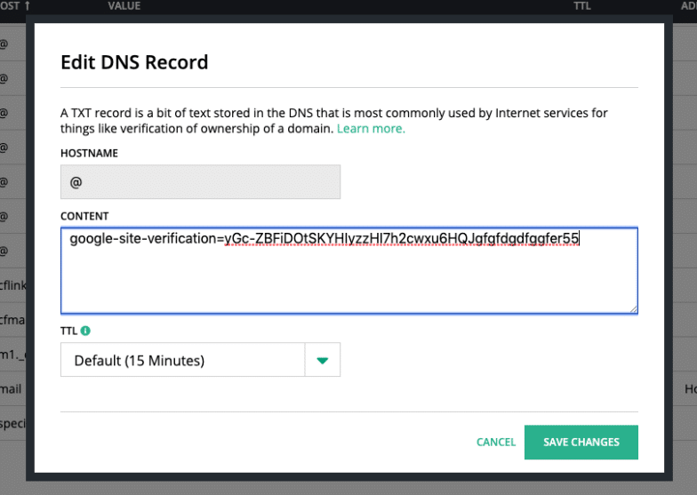 Este es un ejemplo de creación de un registro TXT en Hover. Incluso si está utilizando un registrador de dominio diferente, los elementos esenciales serán los mismos: nombre de host, contenido y TTL.