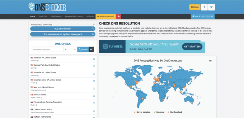 ¡DNSchecker es una herramienta que cualquiera puede usar! Comprueba los registros del servidor de nombres de dominio con otros servidores DNS aleatorios para asegurarse de que se propague por completo.