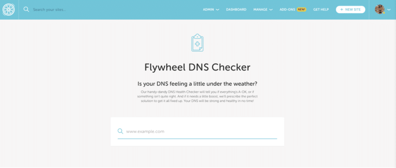 DNS Checker ของ Flywheel เป็นเครื่องมือที่ยอดเยี่ยมหากคุณเป็นลูกค้า Flywheel อยู่แล้ว! เพียงเพิ่มชื่อโดเมนของคุณ แล้วเราจะแจ้งให้คุณทราบอย่างแน่ชัดว่าเกิดอะไรขึ้น