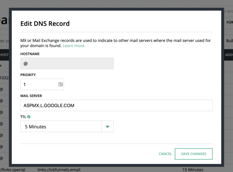 Este es un ejemplo de cómo crear un registro MX o Mail Exchange en Hover. Nuevamente, incluso si está utilizando un registrador de dominio diferente, los elementos esenciales que necesita para crear un registro MX serán los mismos: nombre de host, prioridad, servidor de correo y TTL.