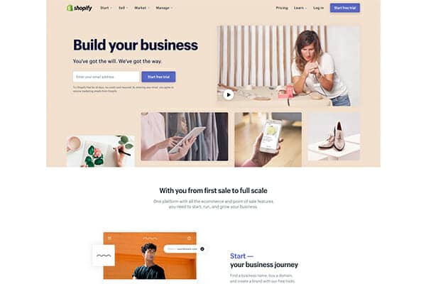 Shopify 홈페이지의 스크린샷.