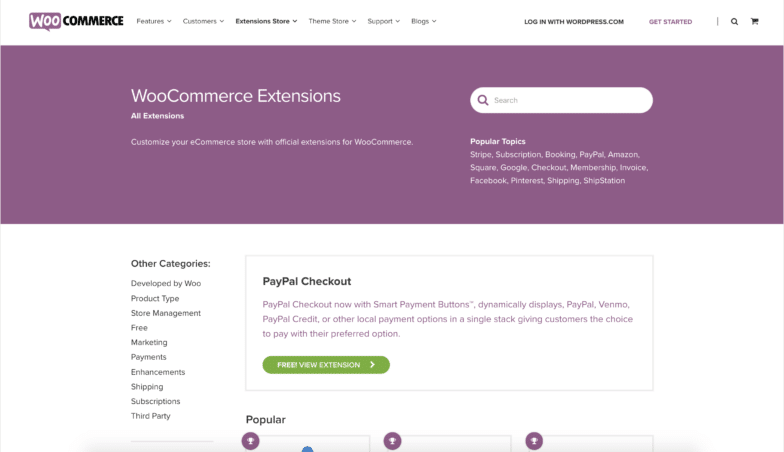 Pagina de extensii WooCommerce