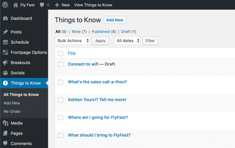 Ein Screenshot von WordPress mit benutzerdefinierten Beitragstypen, die Folgendes zeigen: Connect to Wifi, What's the sales call-a-thon, Ashton-Touren erzählen mir mehr, wohin ich zum FlyFest gehe und was ich zum FlyFest mitbringen sollte