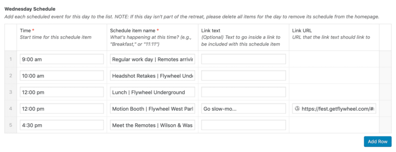 Une capture d'écran WordPress de l'horaire du mercredi avec l'heure, le nom de l'élément de l'horaire, le texte du lien et l'URL du lien.