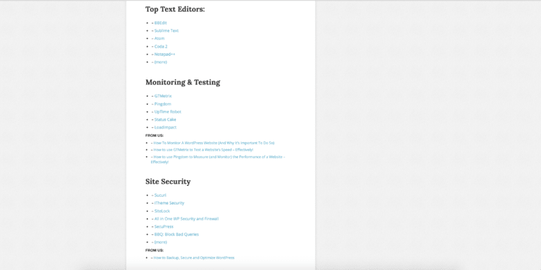Uma captura de tela da página de recursos do WinningWP. Ele lista os principais editores de texto, monitoramento e teste e segurança do site como categorias.
