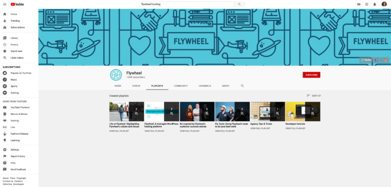 Zrzut ekranu z playlistami Flywheel na YouTube.