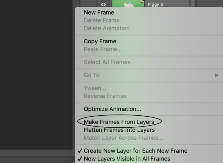 「レイヤーからフレームを作成」が丸で囲まれたタイムラインウィンドウのメニューオプションのスクリーンショット。