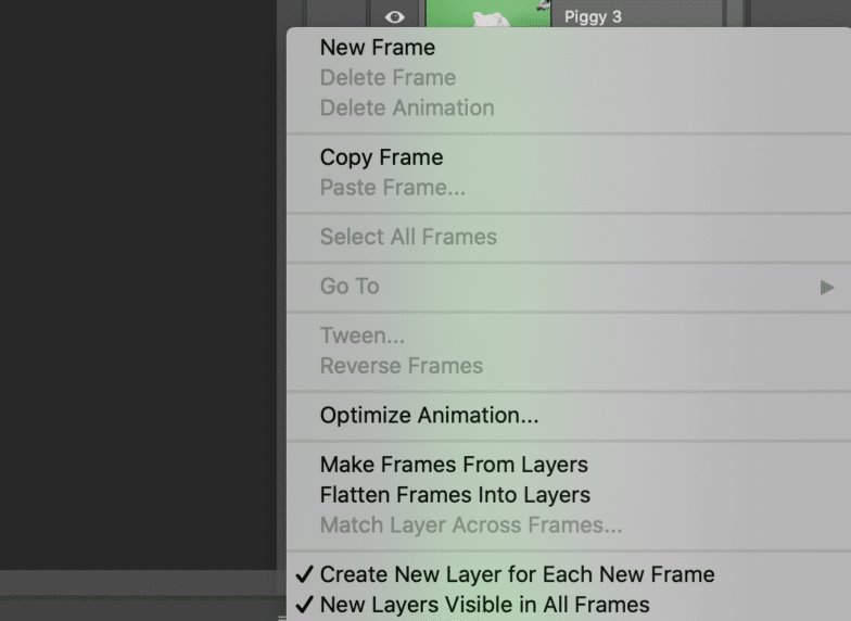 Скриншот кнопки меню в окне временной шкалы и выбора «создавать новый слой для каждого нового кадра»