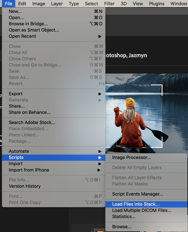 การตั้งค่า Photoshop ที่แสดงสคริปต์และโหลดไฟล์ลงในตัวเลือกสแต็ก