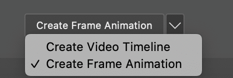 Screenshot der Optionen: Video-Timeline erstellen und Frame-Animation erstellen. Rahmenanimation erstellen ist ausgewählt