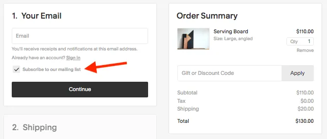 email opt-in at checkout to build email list