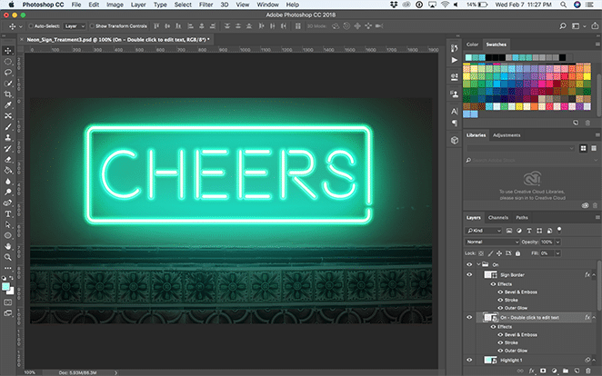 tata letak dengan flywheel neon glow effect photoshop cara tutorial mengedit teks