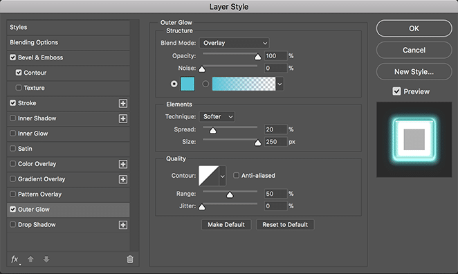 layout por efeito de brilho de néon volante photoshop como tutorial de configurações de brilho externo