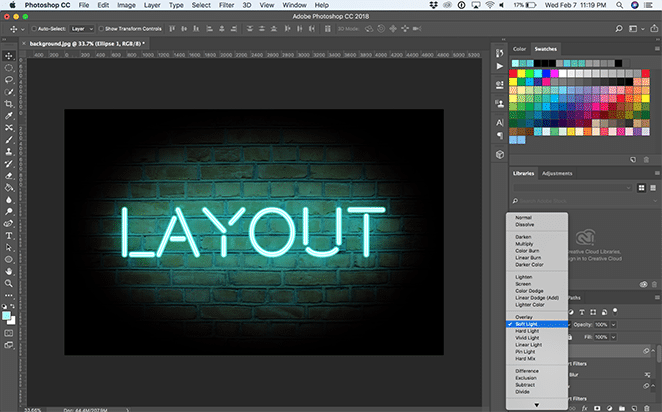 layout di flywheel effetto bagliore al neon Photoshop come tutorial sfocatura vibrante luce soffusa