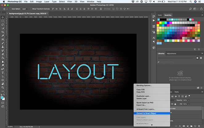 layout di flywheel effetto bagliore al neon Photoshop come convertire il testo del tutorial Smart Layer