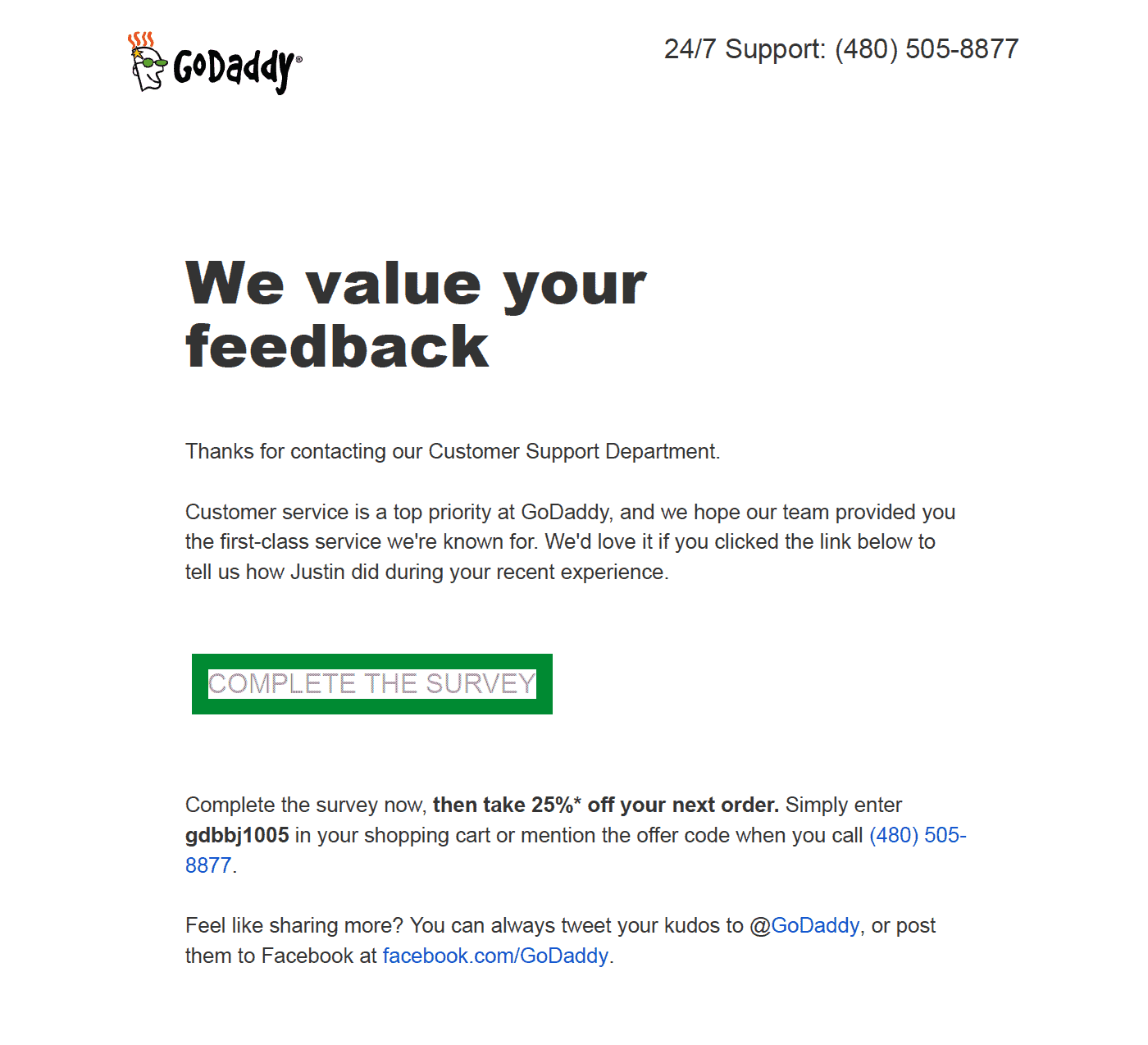 e-mail de upsell de la GoDaddy